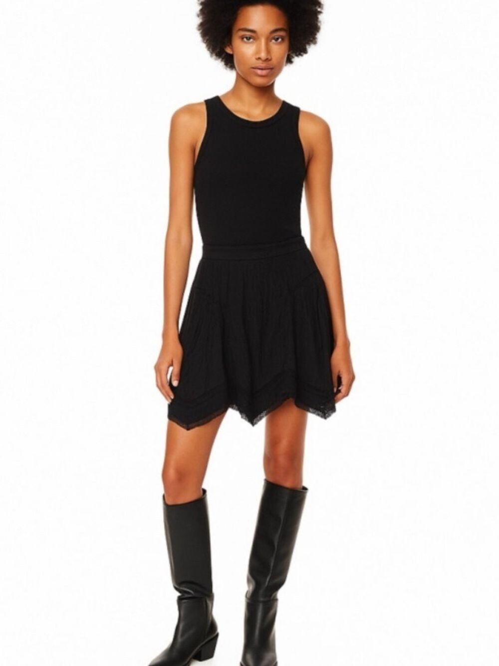 Aritzia Wilfred Belle Mini Skirt Black Crinkle Modal Asymmetrical Lace Hem